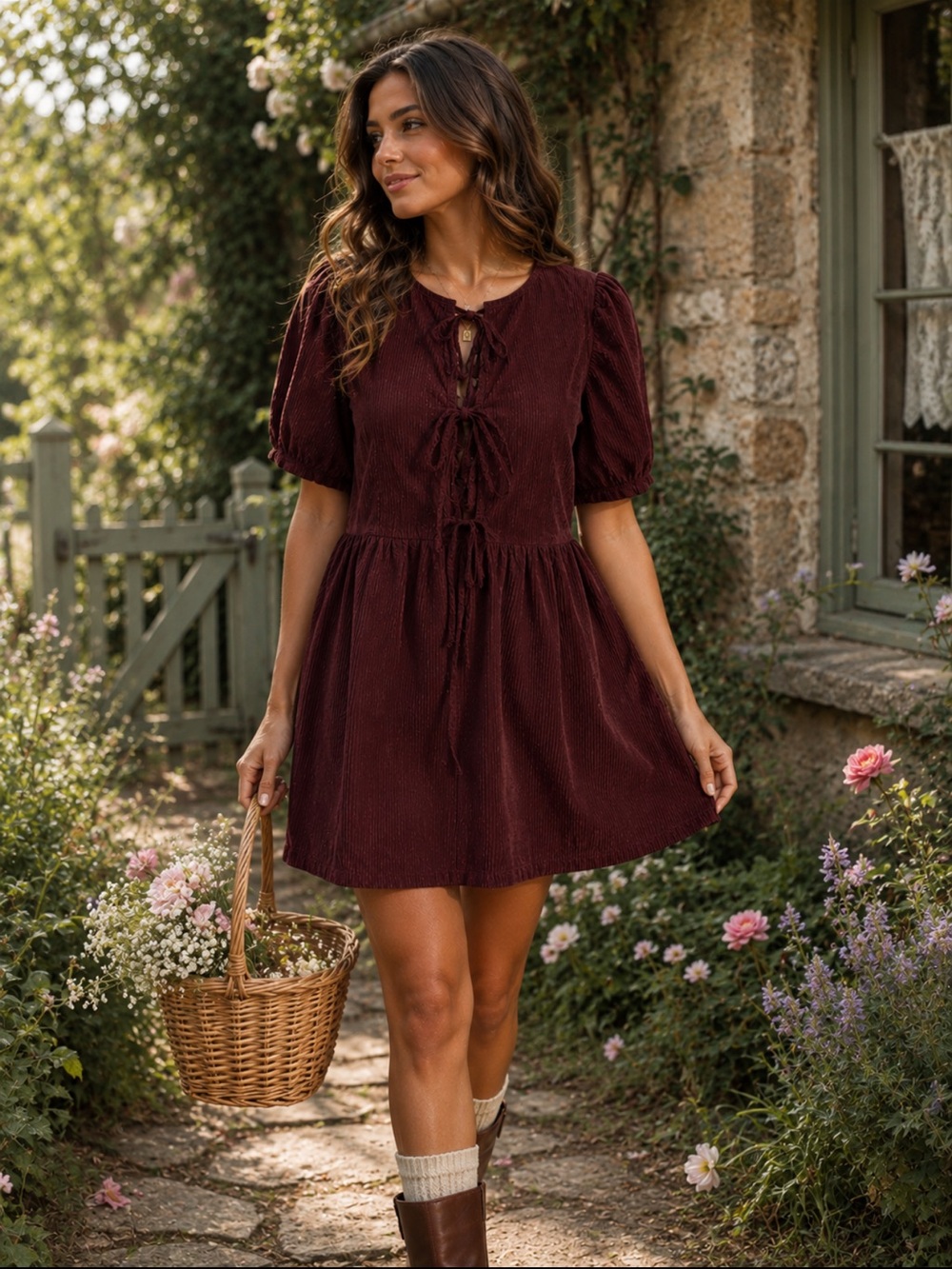 LOFT Burgundy Corduroy Tie Front Puff Sleeve Mini Dress XSP NWT Cottagecore